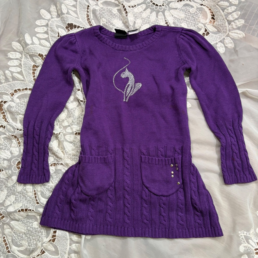 Y2K Baby Phat Purple Rhinestone Cat Logo Cable Knit Sweater Dress Size 6X